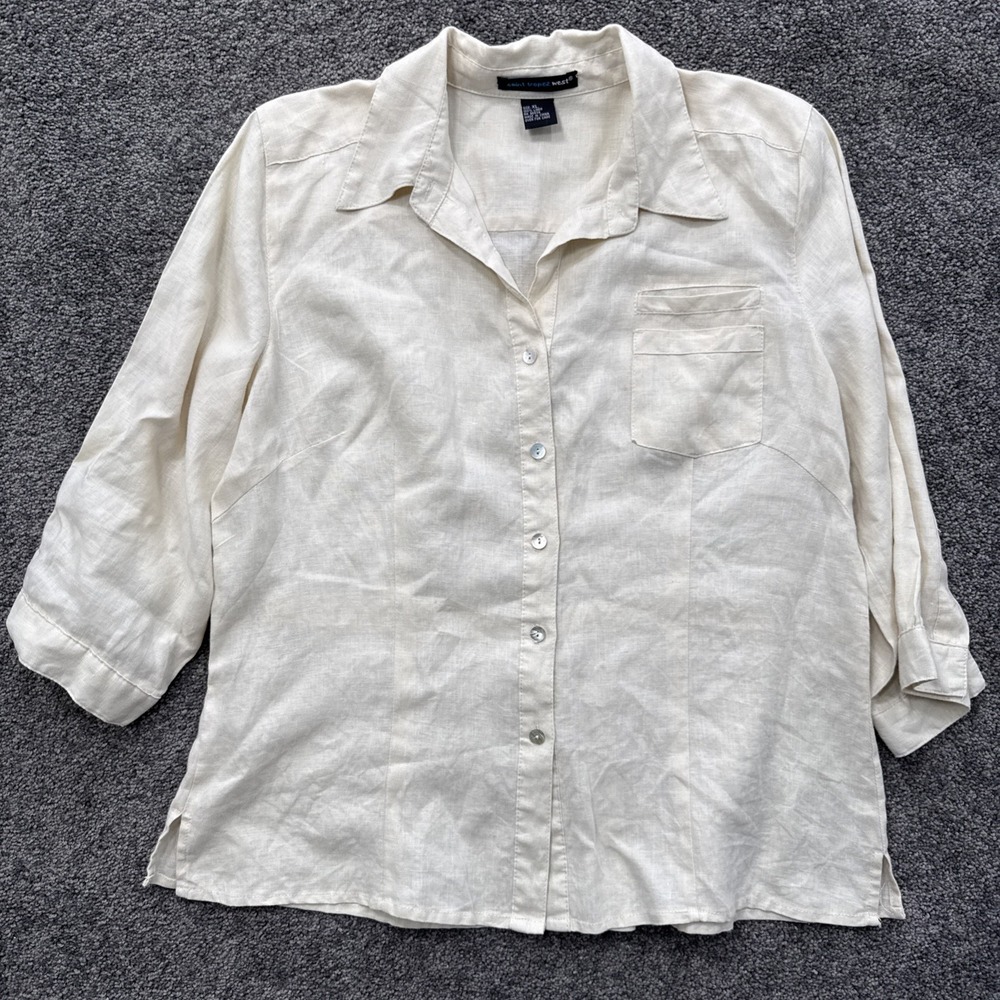 Womens XL Saint Tropex West 100% Linen Shirt Button Front Pocket Slub MOP Button